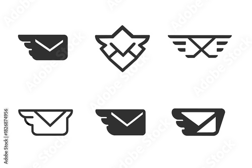 Outgoing Mail Icons. Outgoing mail tray. Icon set. Set Logo of outgoing mail tray: flying envelope. harmonious logo variations of the same emblematic concept,