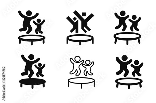 Trampoline Joy Logos. Jumping on a trampoline in a backyard. Icon set. Set Logo of outdoor fun: parent and child jumping together. harmonious logo variations