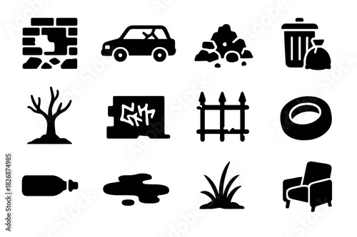 Ruined Urban Icons. Ruined ground. Solid icon set of Ruined ground: broken wall, rubble, abandoned car, trash pile, dead tree, graffiti, rusted fence, tire,
