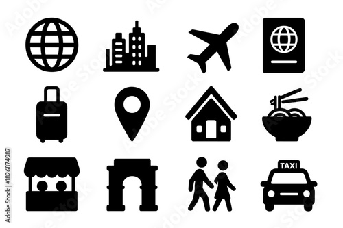 Global City Icons. Life in different cities and countries. Solid icon set of life in different cities and countries: globe, city skyline, airplane, passport,
