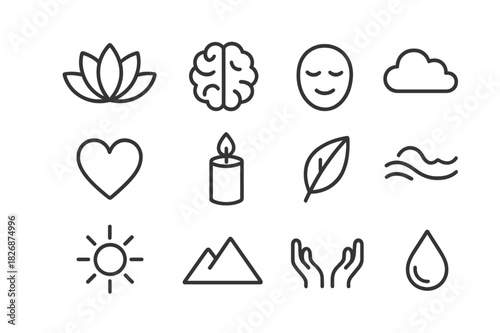 Mindfulness Icon Set. Achieving mental clarity and mindfulness. Line icon set of achieving mental clarity and mindfulness: lotus flower, brain, calm face,