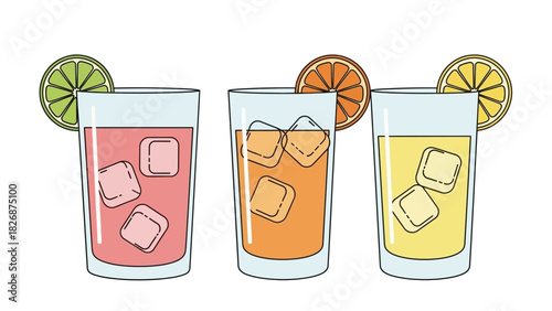 A trio of refreshing citrus cocktails, each garnished with a slice of fruit and filled with ice cubes, presented on a clean white background