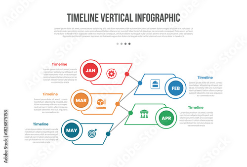 Timeline vertical base shape infographics template diagram with tilt skew box with dot line connection opposite with 5 point step creative simple flat outline