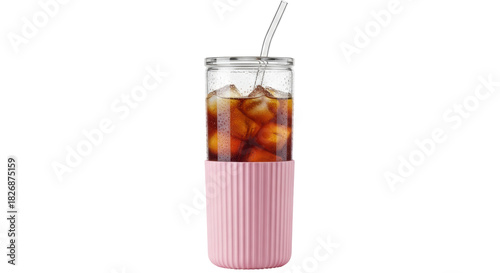 Εκτύπωση καμβά Iced coffee in glass with pink sleeve and straw isolated PNG, refreshing summer