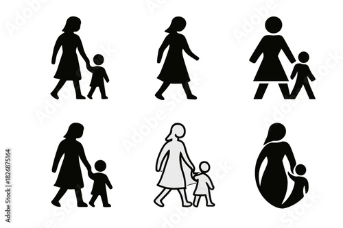 Mother-Child Walk Logos. mother and child walk. Icon set. Set Logo of mother and child walk: nurturing walk moment. harmonious logo variations of the same