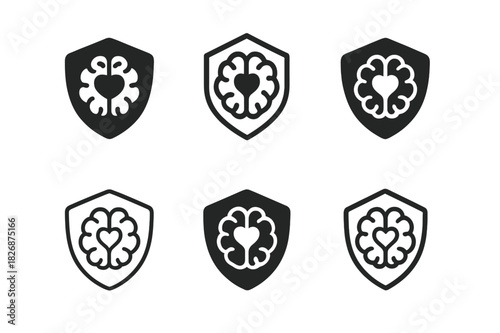 Emotional Brain Logos. How emotions are processed in the brain. Icon set. Set Logo of How emotions are processed in the brain: prefrontal shield over limbic