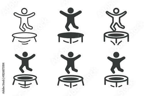 Trampoline Logo Variations. Jumping on a trampoline in a backyard. Icon set. Set Logo of outdoor fun: bouncing motion lines. harmonious logo variations of the