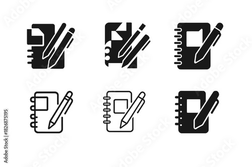 Creative Project Icons. Working on a creative project from home. Icon set. Set Logo of working on a creative project from home: Notes, pens, and sketchbook