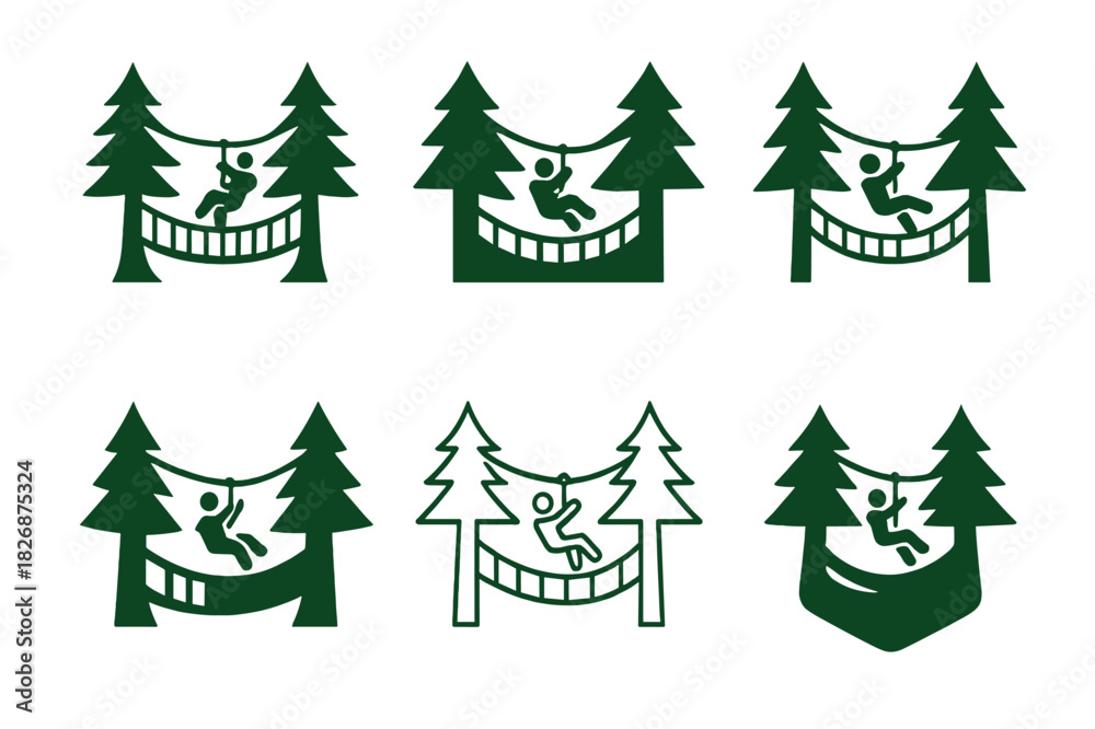 Obraz premium Ziplining Logo Variations. Outdoor adventure parks and zip-lining. Icon set. Set Logo of outdoor adventure parks and zip-lining: rope bridge between pine