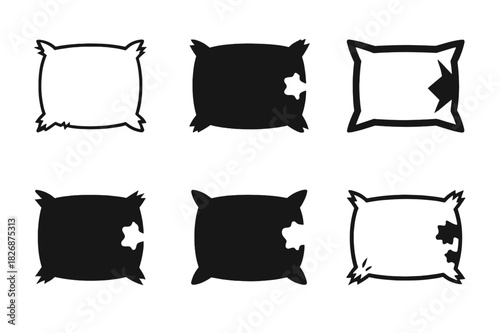 Ragged Pillow Logos. ragged pillow. Icon set. Set Logo of ragged pillow: worn pillow with frayed edges. harmonious logo variations of the same emblematic