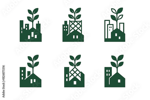 Urban Rooftop Garden Logos. Rooftop garden designs in big cities. Icon set. Set Logo of Rooftop garden designs in big cities: trellis panel. harmonious logo