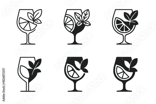 Mocktail Logo Variations. Mocktails. Icon set. Set Logo of mocktails: citrus wedge and mint sprig overlapping glass silhouette. harmonious logo variations of