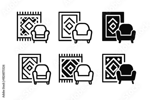 Rug Selection Icons. Choosing rugs for a living room. Icon set. Set Logo of choosing rugs for a living room: patterned carpet sample. harmonious logo