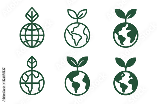 Eco-Friendly Logo Variations. Eco-friendly mindset. Icon set. Set Logo of eco-friendly mindset: globe and plant. harmonious logo variations of the same