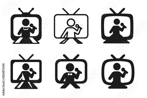 Singing Logo Variations. Singing for TV shows and live performances. Icon set. Set Logo of singing for TV shows and live performances: singer on stage.