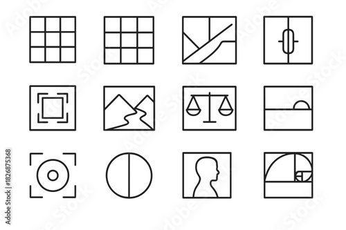 Composition Techniques Icons. Composition techniques. Line icon set of composition techniques: rule of thirds, grid, leading lines, symmetry, frame within