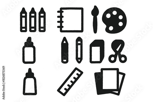Kids Drawing Tools. Kids drawing. Solid icon set of Kids drawing: crayons, colored pencils, sketchbook, paintbrush, palette, marker, pencil, eraser, scissors,