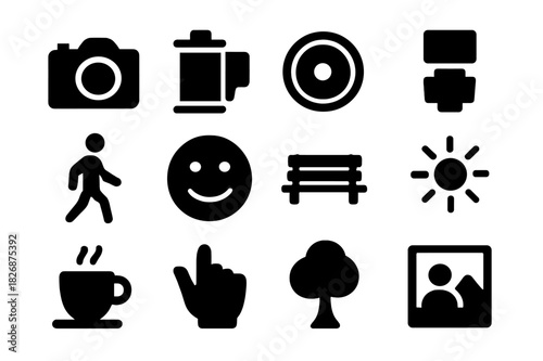 Candid Photography Icons. Candid photography. Solid icon set of candid photography: camera, photo reel, lens, flash, walking person, smiling face, park bench,