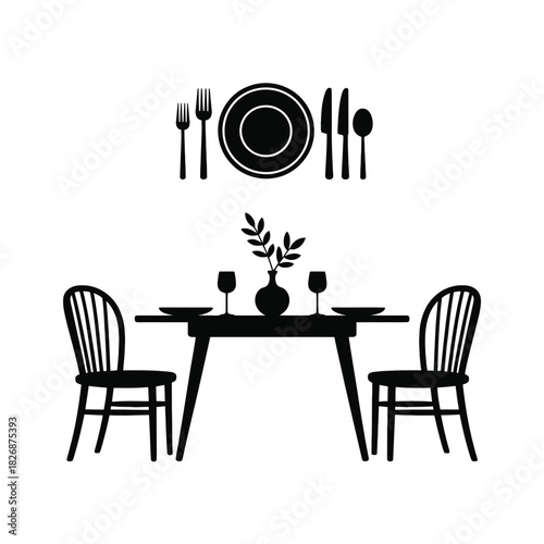 Simple black and white illustration of a dining table setting for two