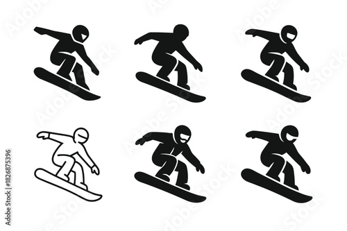 Snowboarding Logo Set. snowboarding. Icon set. Set Logo of snowboarding: freestyle snowboarding jump. harmonious logo variations of the same emblematic