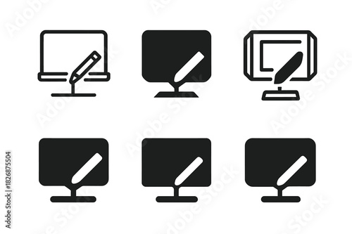 Digital Classroom Logos. Digital classroom interface. Icon set. Set Logo of Digital classroom interface: virtual whiteboard with marker. harmonious logo
