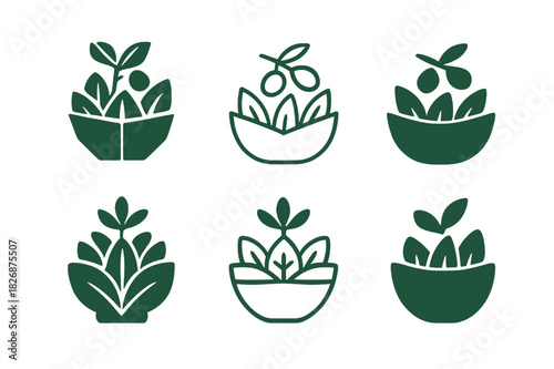 Salad Logo Variations. salad. Icon set. Set Logo of salad: olive branch. harmonious logo variations of the same emblematic concept, each with different