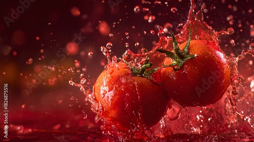Ripe red produce splashes dramatically into vivid liquid creating dynamic motion