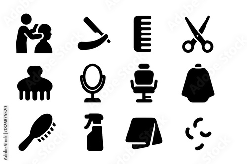 Barber Tools Icons. Shaping hair with razor. Solid icon set of Shaping hair with razor: barber, straight razor, comb, scissors, hair clip, mirror, barber
