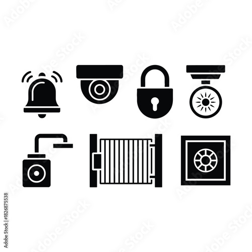 Security system icons depicting alarms cameras locks and other safety features