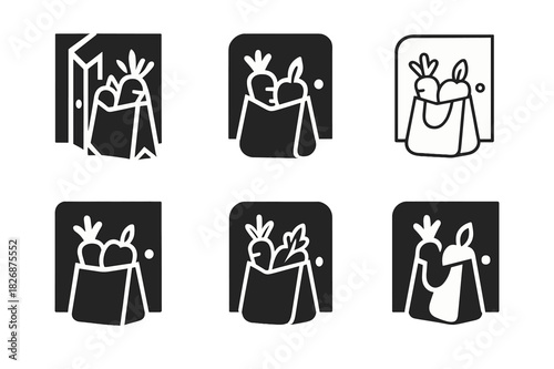 Groceries Logo Set. Putting groceries away. Icon set. Set Logo of putting groceries away: reusable bag filled with fruits and vegetables beside pantry door.