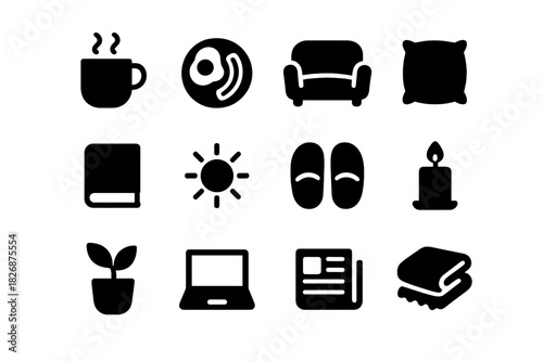 Weekend Morning Icons. Weekend morning. Solid icon set of Weekend morning: coffee cup, breakfast plate, sofa, pillow, book, sun, slippers, candle, plant,
