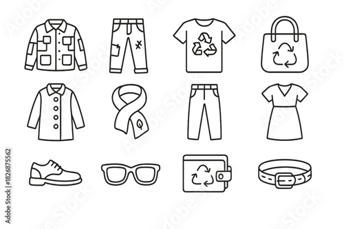 Upcycled Fashion Icons. Upcycled fashion. Line icon set of Upcycled fashion: patchwork jacket, repurposed jeans, recycled t-shirt, upcycled bag, wooden button