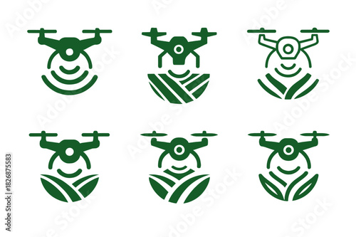 Agricultural Drone Icons. Drones in agriculture for field monitoring. Icon set. Set Logo of drones in agriculture for field monitoring: field scanning radar.