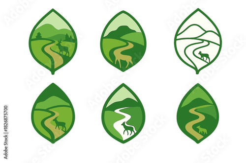 Eco-Tourism Icon Set. Eco-tourism with wildlife preservation. Icon set. Set Logo of eco-tourism with wildlife preservation: leaf-shaped landscape with animal