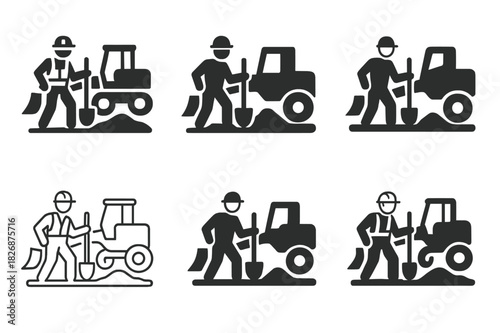 Road Maintenance Icons. Road maintenance crews repairing potholes and streets. Icon set. Set Logo of Road maintenance crews repairing potholes and streets: