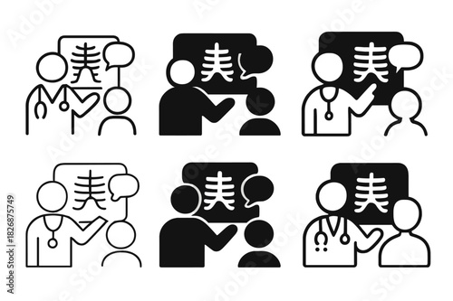 Doctor X-ray Icons. Doctor explaining X-ray results. Icon set. Set Logo of Doctor explaining X-ray results: X-ray panel with dialogue bubbles indicating
