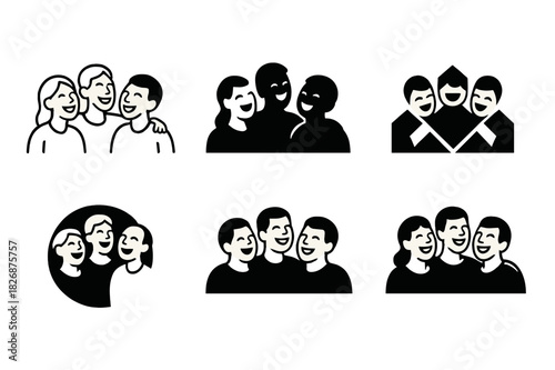 Joyful Connection Logos. People in moments of laughter and camaraderie. Icon set. Set Logo of joyful connection: group laughing together. harmonious logo