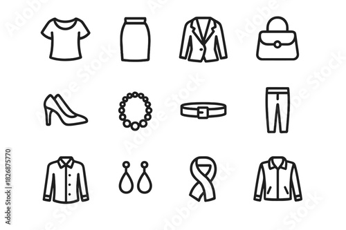Women's Workwear Icons. Workwear for women. Line icon set of workwear for women: blouse, skirt, blazer, handbag, high heels, necklace, belt, trousers, shirt,