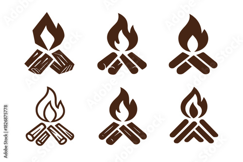 Fireplace Logo Variations. Lighting the fireplace. Icon set. Set Logo of Lighting the fireplace: log grate with kindling pyramid. harmonious logo variations of