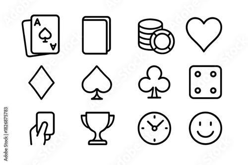 Card Games Icons. Card games. Line icon set of card games: playing cards, deck, chips, heart, diamond, spade, club, dice, hand, trophy, clock, smile. All