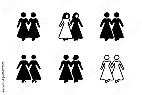 Bridesmaids Logo Variations. Bridesmaids in matching dresses. Icon set. Set Logo of bridesmaids in matching dresses: Silhouettes walking side by