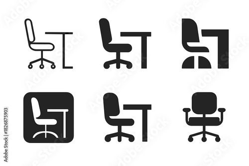 Remote Work Icon Set. Remote work setups and home office environments. Icon set. Set Logo of Remote work setups and home office environments: ergonomic chair.