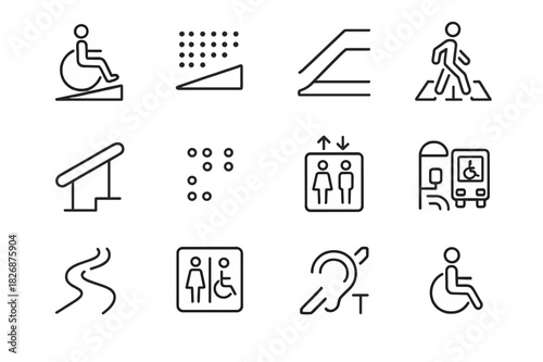 Accessible Urban Icons. Accessible urban planning. Line icon set of Accessible urban planning: wheelchair ramp, tactile paving, sidewalk curb cut, pedestrian