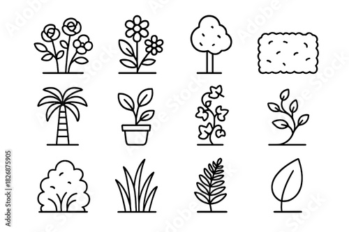 Garden Greenery Icons. Garden greenery. Line icon set of Garden greenery: rose bush, flowering plant, topiary, hedge, palm, potted plant, ivy, vine, shrub,