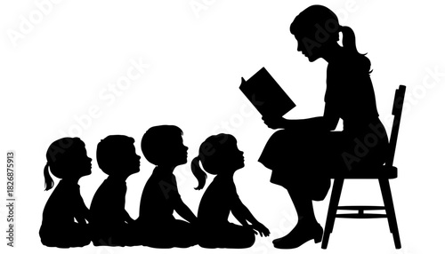 Teacher reading book to children silhouette education concept