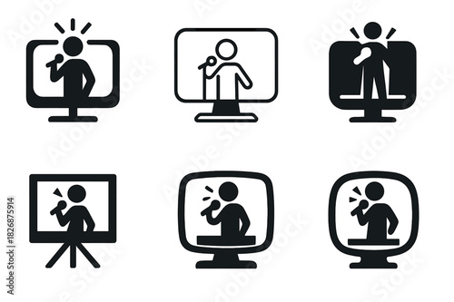 Singing Logo Variations. Singing for TV shows and live performances. Icon set. Set Logo of singing for TV shows and live performances: singer on stage.