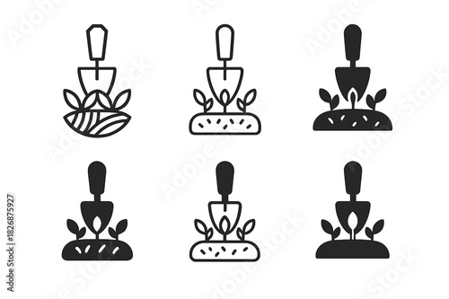 Vegetable Patch Logos. Vegetable Patch. Icon set. Set Logo of Vegetable Patch: trowel. harmonious logo variations of the same emblematic concept, each with