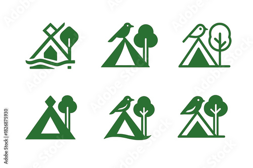 Eco-Tourism Icon Set. Eco-tourism with wildlife preservation. Icon set. Set Logo of eco-tourism with wildlife preservation: eco tent in nature with bird and