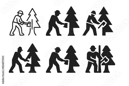Forestry Work Logos. Loggers cutting trees in forests. Icon set. Set Logo of forestry work: lumberjack with axe. harmonious logo variations of the same