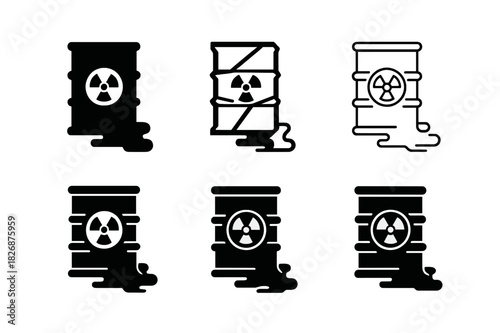 Toxic Barrel Logos. toxic waste barrels. Icon set. Set Logo of toxic waste barrels: leaking barrel with warning sign. harmonious logo variations of the same
